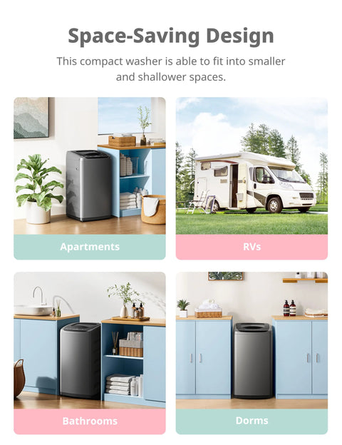 Comfee portable washing machine, 0.9 cu ft compact washer with LED display, gray, shown in apartment and dorm settings.