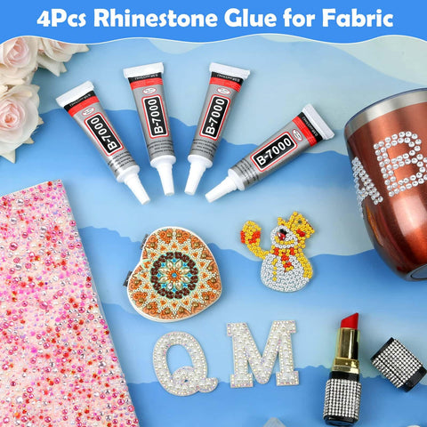 Clear Rhinestone Glue for Jewelry Making and Nail Art 4 Pack 15mL with Precision Tip shown with crafts and embellishments
