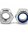20Pcs M10 X 1.25mm Nylon Insert Hex Lock Nuts With Blue Nylon Insert, 304 Stainless Steel, fine thread, front view