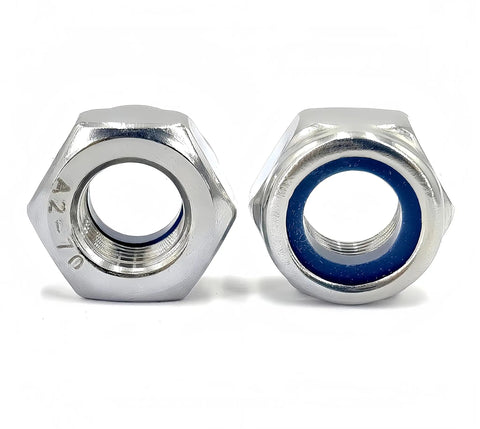 20Pcs M10 X 1.25mm Nylon Insert Hex Lock Nuts With Blue Nylon Insert, 304 Stainless Steel, fine thread, front view