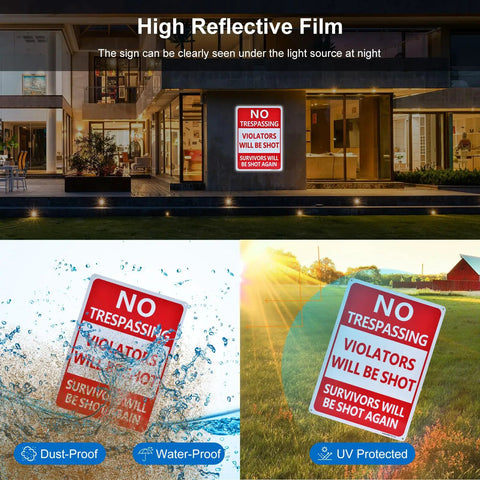 2 Pack Heavy Duty Reflective Aluminum No Trespassing Signs Violators Will Be Shot Warning For Night Visibility 14x10 Inch Yard Security Signs Weatherproof Rustproof Durable Outdoor Signage on wall and yard