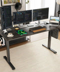 Solid Electric Adjustable Standing Desk With 40x24 Inch Tabletop, Folding Corner Office Table, Dope Gaming Setup, Easy Peasy Study Bedroom Vibes, Portable Walnut Metal Frame, Total Game Changer For Your Daily Grind with dual monitors.