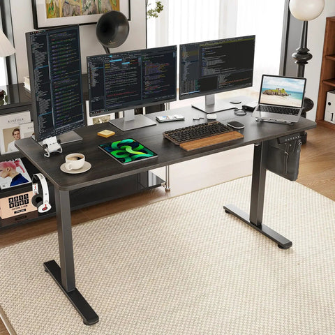 Solid Electric Adjustable Standing Desk With 40x24 Inch Tabletop, Folding Corner Office Table, Dope Gaming Setup, Easy Peasy Study Bedroom Vibes, Portable Walnut Metal Frame, Total Game Changer For Your Daily Grind with dual monitors.