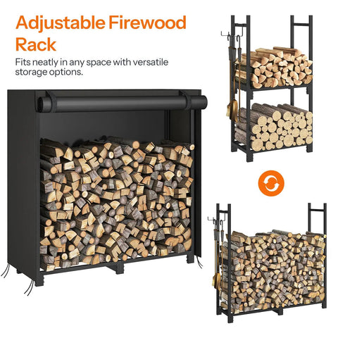 Adjustable Firewood Rack With Cover For Indoor And Outdoor Use showcasing heavy-duty log holder, Oxford fabric cover, large capacity