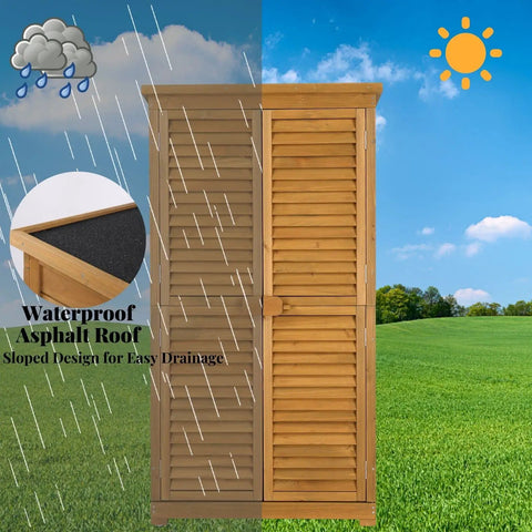 63 Inch Tall Wooden Outdoor Storage Cabinet With Two Lockable Doors Three Adjustable Shelves Waterproof Roof Weatherproof Garden Tools Shed For Yard Patio Deck Or Porch Natural Finish