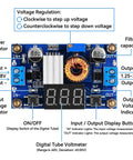 High Power Adjustable Buck Converter Module 5A 4-38V Input To 1.25-35V Output With 75W LED Display showing connections