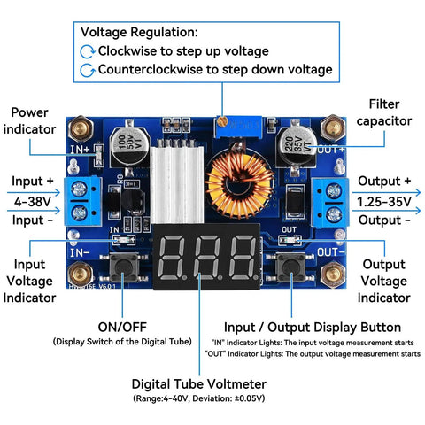High Power Adjustable Buck Converter Module 5A 4-38V Input To 1.25-35V Output With 75W LED Display showing connections