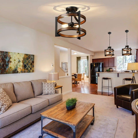 Semi Flush Mount Ceiling Light Fixture With Detachable Chain In Dope Farmhouse Metal Wood Grain Finish in a living room setting