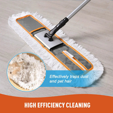 Heavy Duty 24 Inch Commercial Dust Mop Featuring Plush Absorbent Microfiber Pad for Quick Wet or Dry Floor Cleaning on smooth floor.