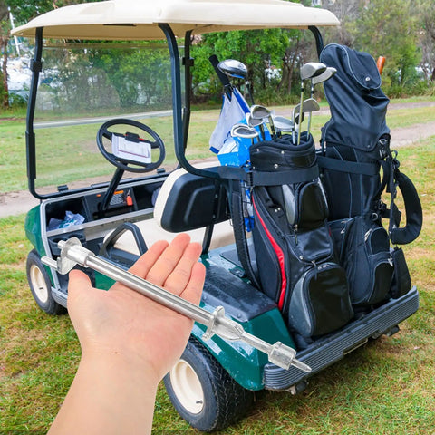 Heavy Duty Golf Cart Tie Rod Replacement, Silver Iron Driver Rod, Quick Install, held in hand, with golf cart in background.