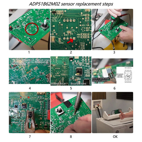 Piezoresistive Water Level Sensor For Washing Machine Control Board With 8 Pin DIP Analog Output Low Pressure 6 KPa Compatible With Whirlpool Maytag Amana 2 Pack Real Time Level Detection For Precise And Reliable Fill on PCB repair steps