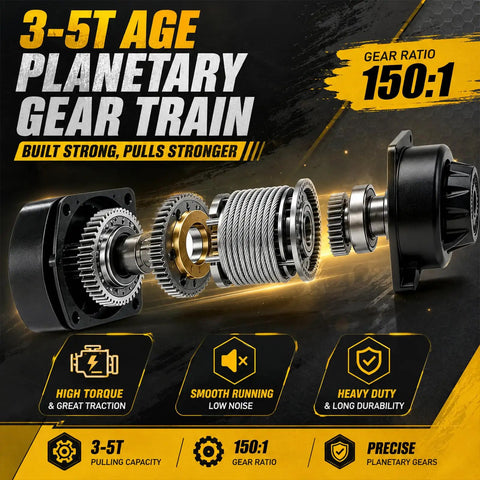 Zehuax 3000LBS 12V DC Electric Winch gear train showing 150:1 gear ratio and planetary gears for high torque and durability.
