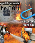 Image of burning dryer with firefighters, showcasing fire risks with text promoting 5 Piece Dryer Vent Cleaner Kit With Ultra Slim 0.73 Inch Vacuum Hose Attachment And Super Handy Universal Connector, Includes Multi Length Detail And Lint Brushes For Refrigerator Coils, AC Vents, Window Tracks.