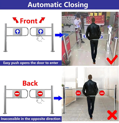 Premium Heavy Duty Self Closing Security Gate Featuring Slick One Way Swing Action For Bustling Warehouses And Supermarket Aisles With Zero Hassle Pedestrian Flow Control showing automatic closing mechanism.