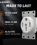 Heavy Duty Nema 14 50 Amp Flush Mount Range Outlet Featuring No Sweat Install with UL Listing and copper wire specification.