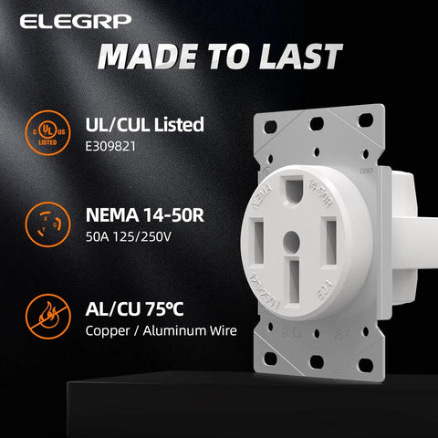 Heavy Duty Nema 14 50 Amp Flush Mount Range Outlet Featuring No Sweat Install with UL Listing and copper wire specification.