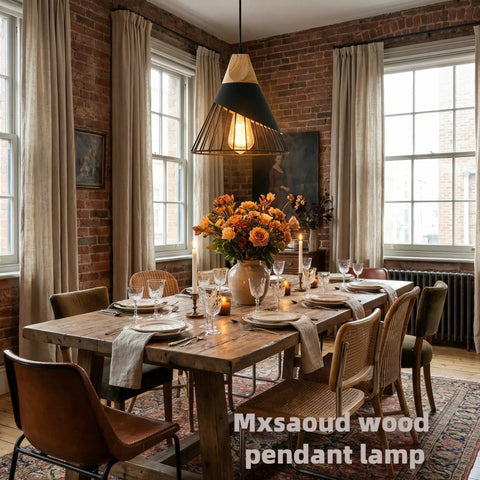 Dining room with Dope Black Farmhouse Wooden Pendant Light, rustic wood and metal, over a set dining table.