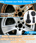 Rusty wheel before and after using All In One Wheel Bolt Cleaning Kit With Fifteen Treatment Pads A Special Drill Bit And A Half Inch Impact Wrench Adapter For Fast Rust Busting On Wheel Bolts Brake Discs And Hubs Stainless Steel Auto Brake Care Tool