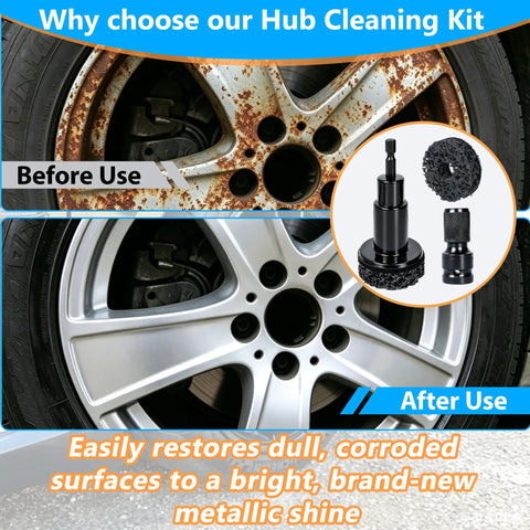 Rusty wheel before and after using All In One Wheel Bolt Cleaning Kit With Fifteen Treatment Pads A Special Drill Bit And A Half Inch Impact Wrench Adapter For Fast Rust Busting On Wheel Bolts Brake Discs And Hubs Stainless Steel Auto Brake Care Tool