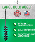 Bulb Planter Auger Drill Bit 4x28 Inches For Garden And Post Holes Get Holes Dug Fast Heavy Duty One Half Inch Hex Drive Non Slip Handle Easy Hole Digging Tool displayed with product features and origin badges.