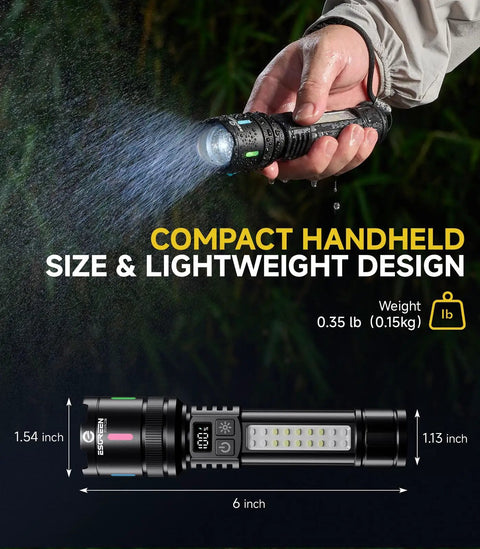 Rechargeable LED Flashlight 20000 Lumens High Power Dual Light Source USB C Fast Charge Compact Handheld in hand