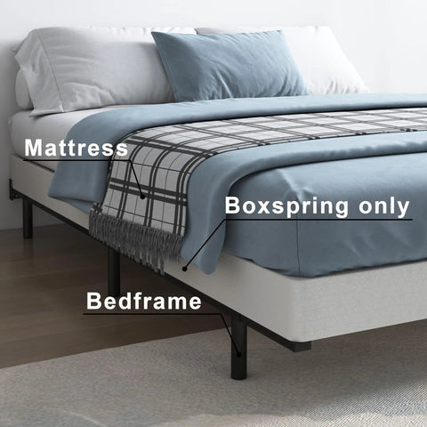 King Size Low Profile Box Spring Heavy Duty Metal Bed Base With Beefed Up Steel Frame And Easy Snap Together Setup For Ultimate Premium Sleep Quality showing mattress and bed base.