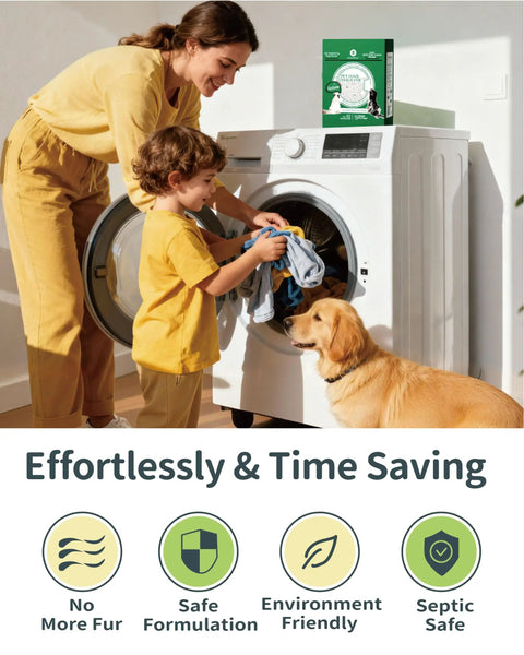 Pet Hair Dissolver Washing Machine Cleaner Powder Four Sachets For Pet Bedding And Fabrics, Removes Up To 96.7 Percent Pet Hair Odors And Stains, 100g Each Sachet, Easy One Per Wash on washer
