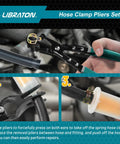 2-piece hose clamp pliers set with swivel jaws and green handles for hose clamp removal and installation, with pouch