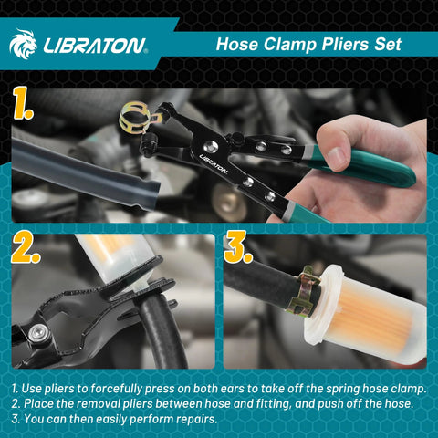 2-piece hose clamp pliers set with swivel jaws and green handles for hose clamp removal and installation, with pouch