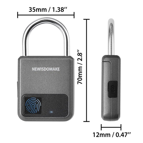 0.5 Second No Key Needed Fingerprint Padlock With USB Rechargeable Battery Biometric Lock Stores 20 Fingerprints dimensions