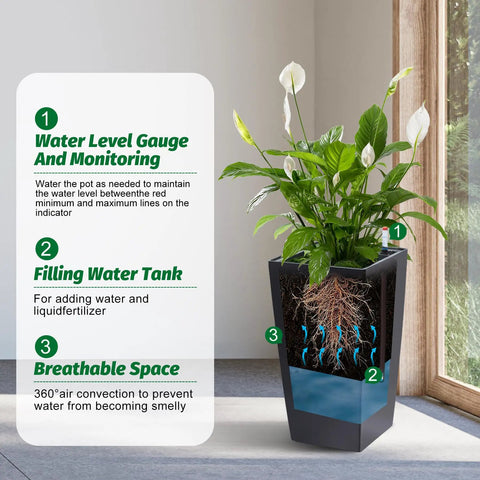 16 Inch Tall Planters Set Of 2 For Indoor And Outdoor Use In Black With Drainage Holes Inner Bucket And Water Level Monitors