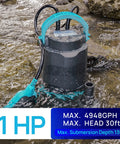 Heavy-Duty 1HP Submersible Sump Pump With Float Switch Cranks Up To 4948GPH At 5 Feet Lifts Water Up To 30 Feet in river