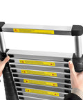 12.5ft Telescoping Aluminum Ladder With Locking Mechanism Extendable And Collapsible For Attic And Home Or Outdoor Use Heavy Duty 330 Lb Capacity Easy To Store And Setup Built For Pro Grade DIY, folded aluminum ladder with hands closing it