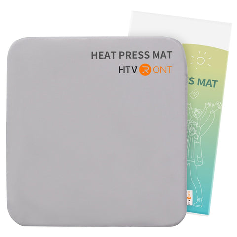 Front view of HTVRONT gray 15x15 inch heat press mat for crafting, with packaging behind.
