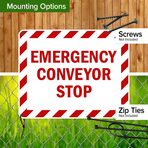 Rock Solid Emergency Conveyor Stop Sign, 24X30 Inch Heavy Duty Industrial Warning Plaque shown with mounting options.