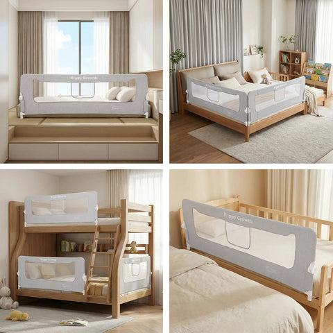 Foldable Bed Rail for Toddlers Swing Down 71 Inch Bed Guard installed on various bed types in bedroom settings.