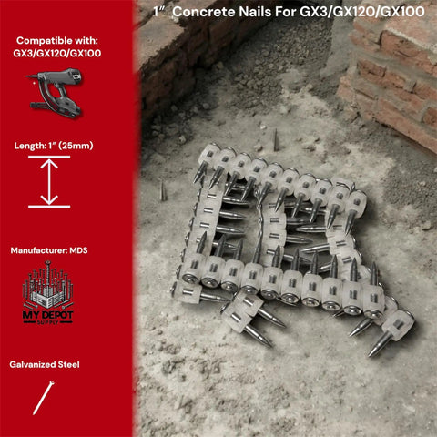 One Inch Concrete Nails For Heavy Duty Framing And Masonry, 1000 Count, shown on concrete surface, compatible with GX nailers