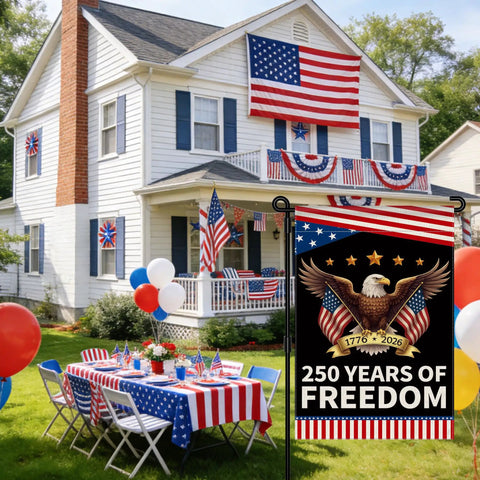 Patriotic Garden Flag Celebrating 250 Years Of Freedom With Eagle Design for Fourth of July in front of decorated white house.