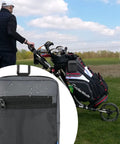 Golf cart with equipment and Durable Nylon Golf Pouch With Clip, Multi Pocket Organizer For Phone, Balls, Tees, Wallet, Ball Markers, And More, Zippered Compartments, Easy Access Golf Accessories Bag For On The Go in close-up