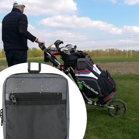 Golf cart with equipment and Durable Nylon Golf Pouch With Clip, Multi Pocket Organizer For Phone, Balls, Tees, Wallet, Ball Markers, And More, Zippered Compartments, Easy Access Golf Accessories Bag For On The Go in close-up