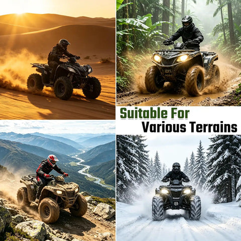 ATVs on various terrains showcasing Hardcore 145/70-6 All Terrain Tires for ATV Go Kart Mini Bike with Super Grippy Tubeless 4 Ply Traction