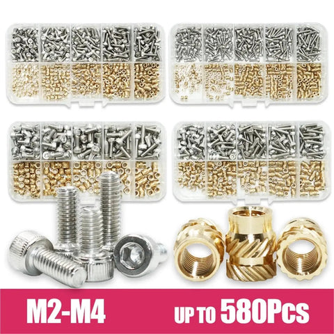 All In One Screw And Nut Kit With Brass Heat Insert Nuts And Hex Socket Cap Screws From M2.5 To M8, Stainless Steel And Copper