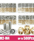 All In One Nut And Screw Kit Set With Brass Heat Insert Nuts And Hex Socket Cap Screws M2.5 M3 M4 In Stainless Steel And Copper For Plastic Case Multi Size Assortment For Small DIY Projects, M2-M4 kit