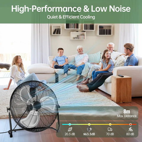 Beast 18 Inch Industrial High Velocity Floor Fan With 3 Speed Metal Build, in a living room, illustrating quiet performance.
