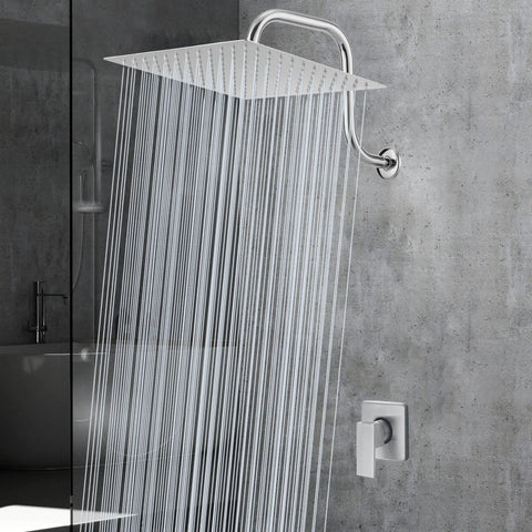 All Metal Rain Shower Head With Goose Neck Arm Large 12 Inch Square Rainfall Showerhead High Flow Waterfall Spa Experience With 13 Inch Arm Chrome Finish For Ultimate Spa Level Comfort in use showing water flow
