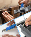 Close-up of hands using a hammer, utility knife, and Allen wrench for DIY home projects.