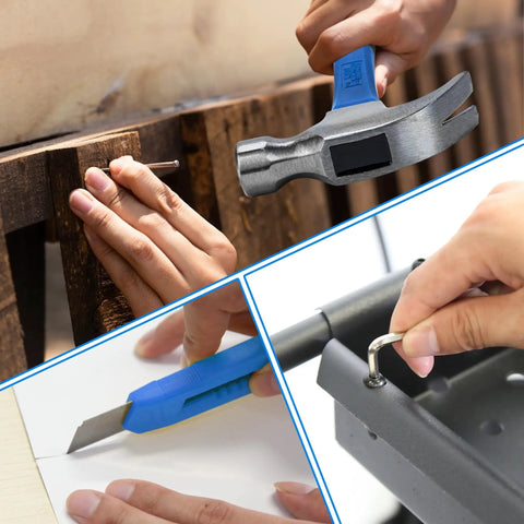 Close-up of hands using a hammer, utility knife, and Allen wrench for DIY home projects.