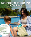 Mother using Waterproof Wet Bag Set For Baby On The Go by the pool, showing wet and dry item protection with nylon and TPU layers.