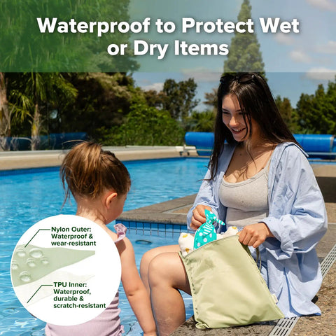 Mother using Waterproof Wet Bag Set For Baby On The Go by the pool, showing wet and dry item protection with nylon and TPU layers.