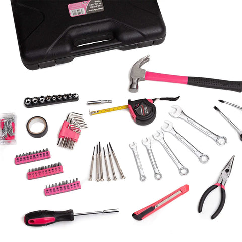 148 Piece General Household Tool Set With Pink Plastic Toolbox Storage Case For DIY Home Repairs And Craft Projects Includes Durable Heat Treated Hand Tools